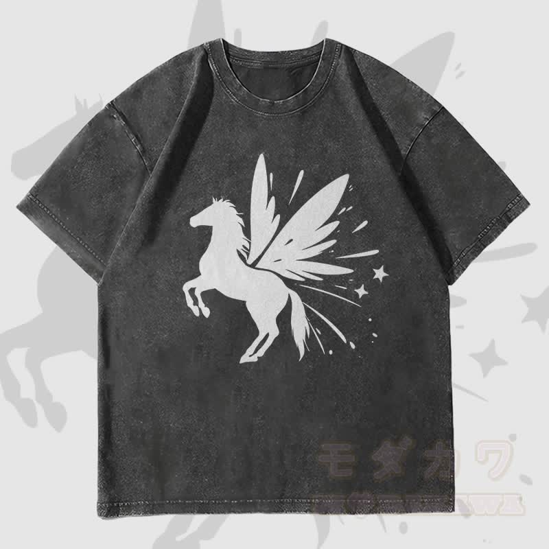MODAKAWA Pegasus Grafik Unisex Vintage Washed T-Shirt - Schwarz - 4XL - image 4