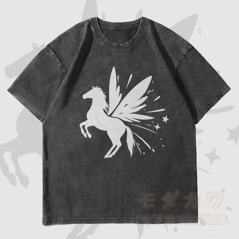 MODAKAWA Pegasus Grafik Unisex Vintage Washed T-Shirt - Schwarz - 4XL - image 4
