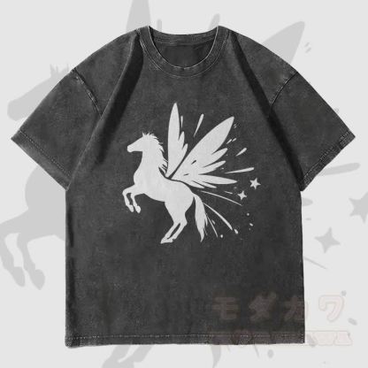 MODAKAWA Pegasus Grafik Unisex Vintage Washed T-Shirt - Schwarz - 4XL - image 4