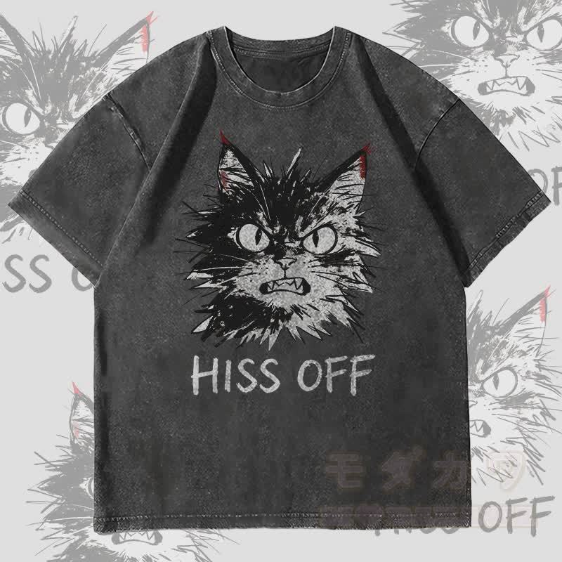 MODAKAWA HISS OFF Angry Cat Graphic Unisex Vintage Washed T-Shirt - Schwarz - 4XL - image 3