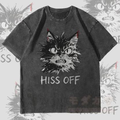 MODAKAWA HISS OFF Angry Cat Graphic Unisex Vintage Washed T-Shirt - Schwarz - 4XL - image 3