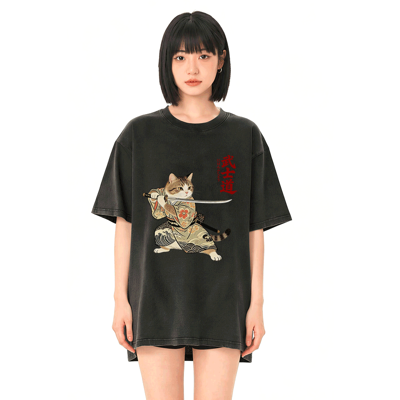 Samurai-Katzen-Grafik Modakawa Vintage gewaschenes T-Shirt aus 100 % Baumwolle - image 2