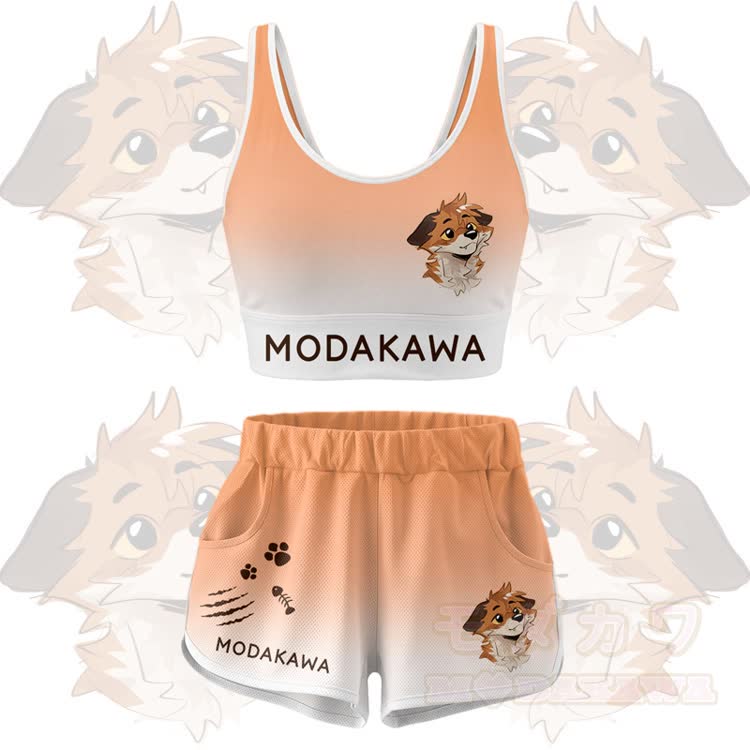 MODAKAWA X atka Fox Graphic Crop Tank Tank Sport Top Shorts Bikini Matching Outfit - Orange Set - 5XL - image 13