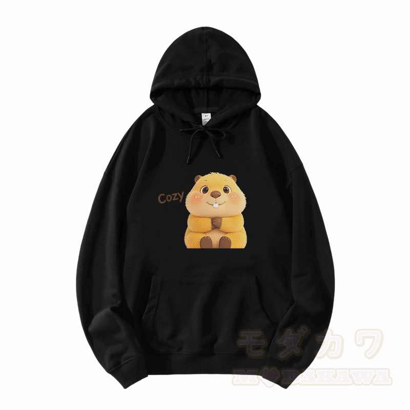 COZY Capybara Graphic Modakawa Loose Cotton-Blend Hoodie - Schwarz - 5XL - image 3