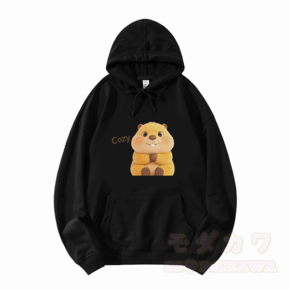 COZY Capybara Graphic Modakawa Loose Cotton-Blend Hoodie - Schwarz - 5XL - image 3