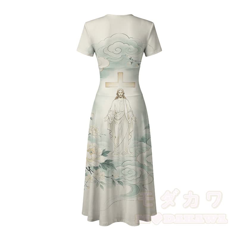 Vintage Modakawa Maxikleid mit Kreuz- und Wolkenmuster und V-Ausschnitt - image 4