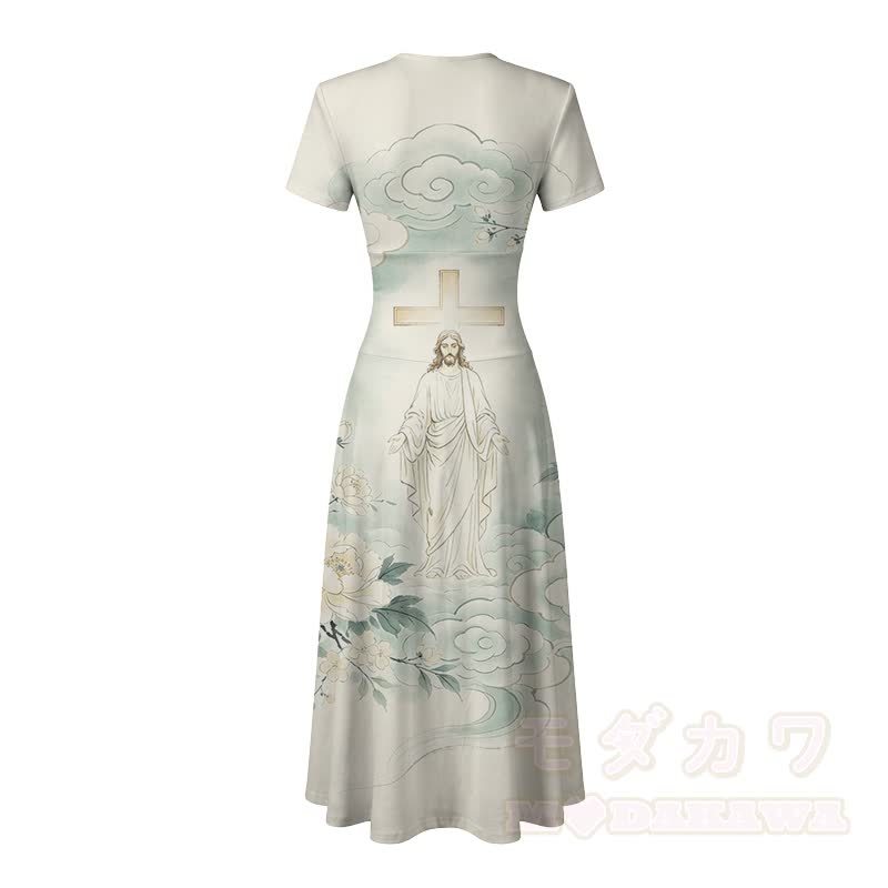Vintage Modakawa Maxikleid mit Kreuz- und Wolkenmuster und V-Ausschnitt - image 4