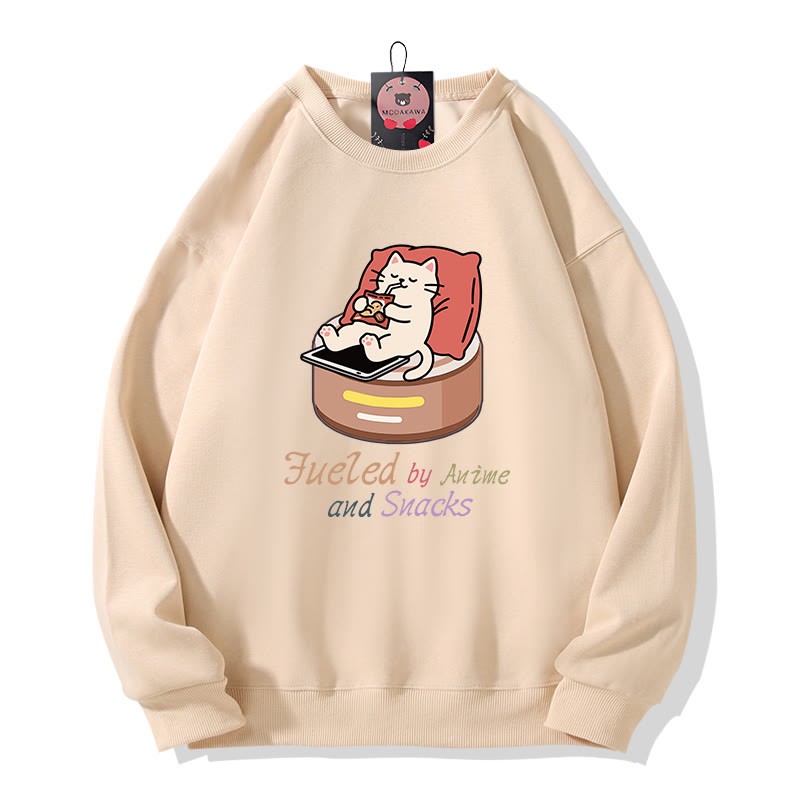 FUELED BY ANIME AND SNACKS: Lazy Cat Grafik-Sweatshirt mit Rundhalsausschnitt - Apricot - 5XL - image 3