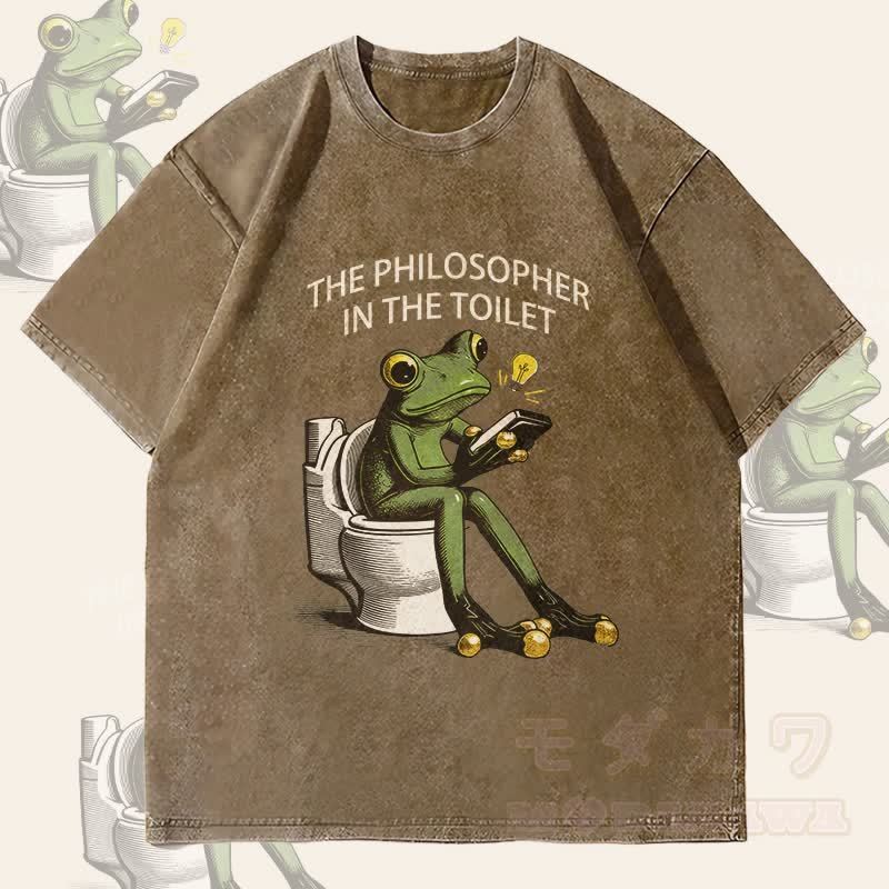 MODAKAWA DER PHILOSOPH AUF DER TOILETTE Frosch-Grafik Unisex Vintage Washed T-Shirt - Dunkelbraun - 4XL - image 3