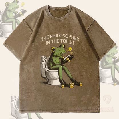 MODAKAWA DER PHILOSOPH AUF DER TOILETTE Frosch-Grafik Unisex Vintage Washed T-Shirt - Dunkelbraun - 4XL - image 3