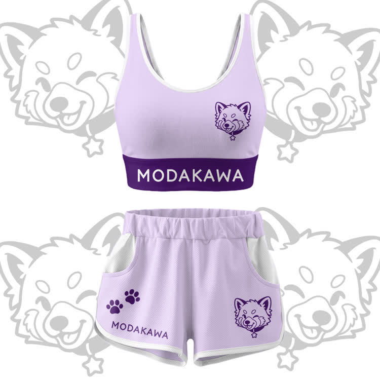 Wink Puppy Grafik Crop Tank Tank Sport Top Shorts Bikini Modakawa passendes Outfit - Purple Set - 5XL - image 14