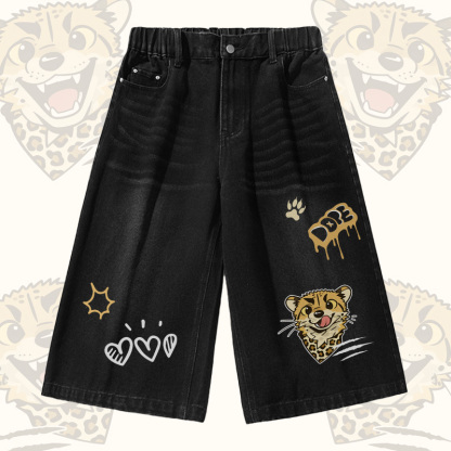Modakawa Vintage-T-Shirt mit Leopardenmuster und passenden Jeansshorts - Black Shorts - 3XL - image 3