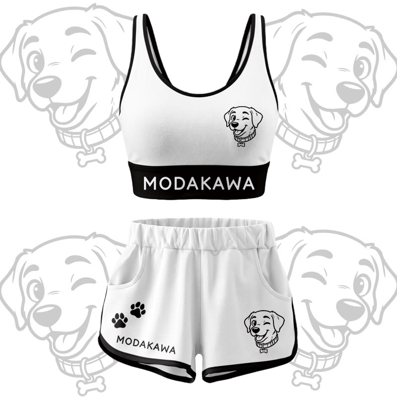 Happy Puppy Grafik-Crop-Tanktop, Sport-Top, Shorts, Bikini, Modakawa passendes Outfit - White Set - 5XL - image 16