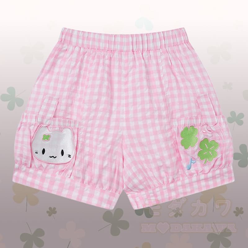 Raglan-T-Shirt mit Katzenmotiv, karierte Shorts und passendes Outfit von Modakawa - Pinke Shorts - L - image 8