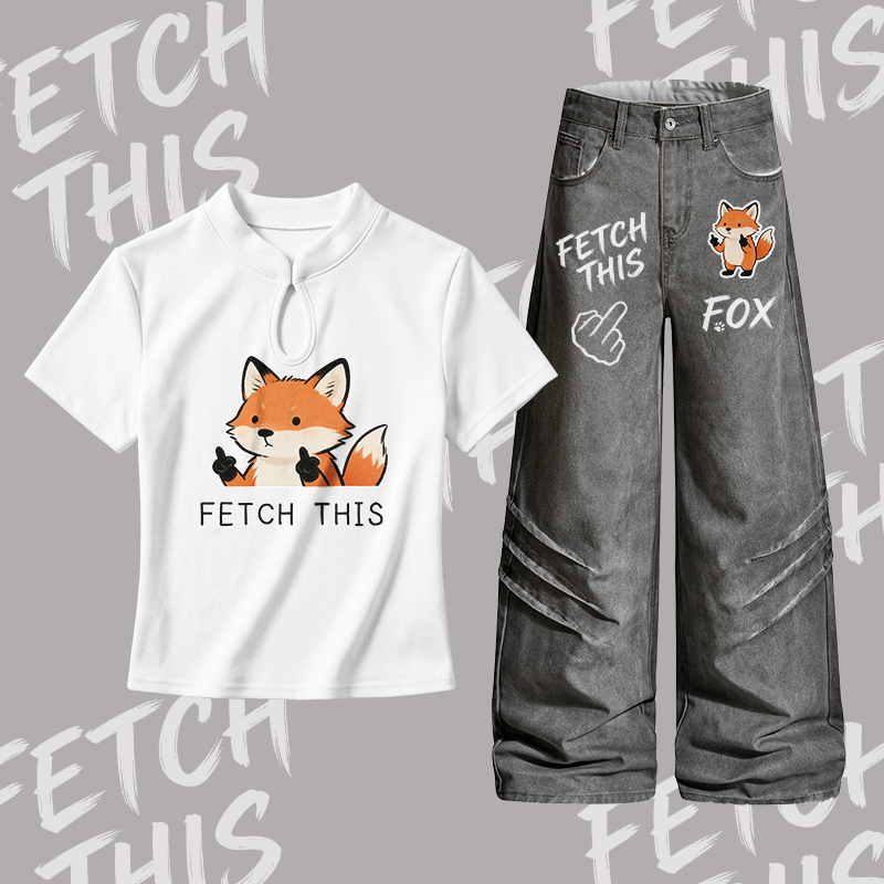 ETCH THIS Fox Graphic Buckle T-Shirt, Jeans, Modakawa Zweiteiler-Set - Set B - L - image 2