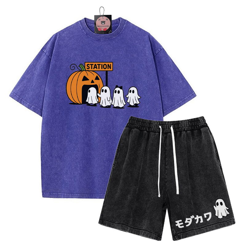 T-Shirt mit Kürbisgeist-Print, verwaschene Vintage-Shorts , MODAKAWA Zweiteiler-Set - Blue&Black - 3XL - image 10
