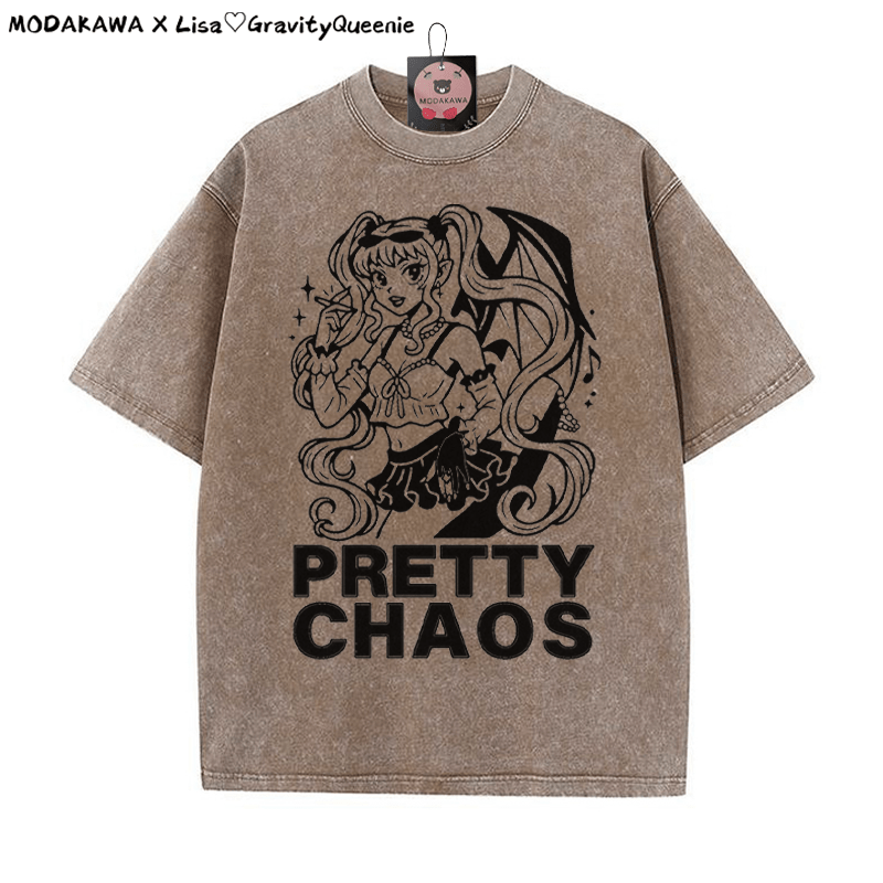 PRETTY CHAOS Mädchen Grafik Unisex Vintage gewaschenes T-Shirt - Braun - 5XL - image 3