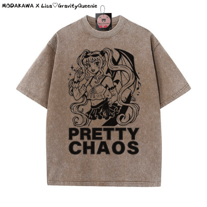 PRETTY CHAOS Mädchen Grafik Unisex Vintage gewaschenes T-Shirt - Braun - 5XL - image 3