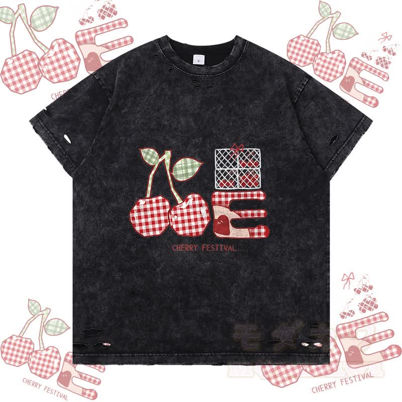 Kariertes Kirsch-Grafik-Modakawa-Zerrissenes T-Shirt - Schwarz - 2XL - image 4