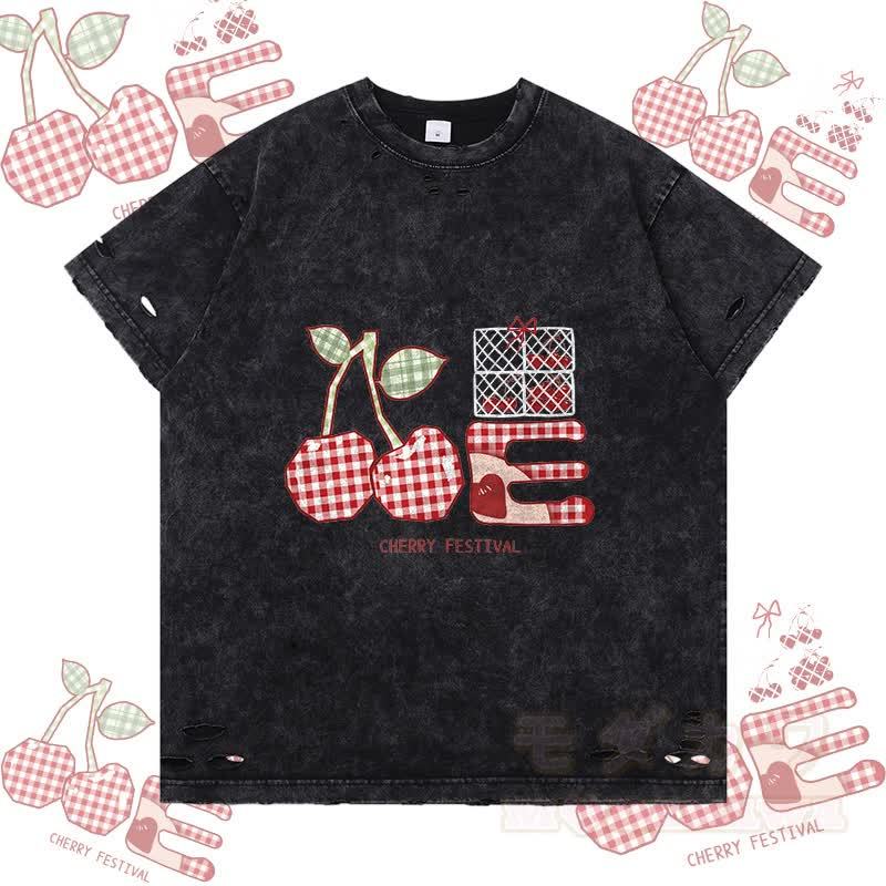 Kariertes Kirsch-Grafik-Modakawa-Zerrissenes T-Shirt - Schwarz - 2XL - image 4