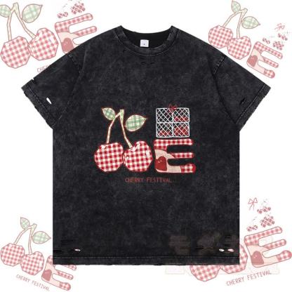 Kariertes Kirsch-Grafik-Modakawa-Zerrissenes T-Shirt - Schwarz - 2XL - image 4