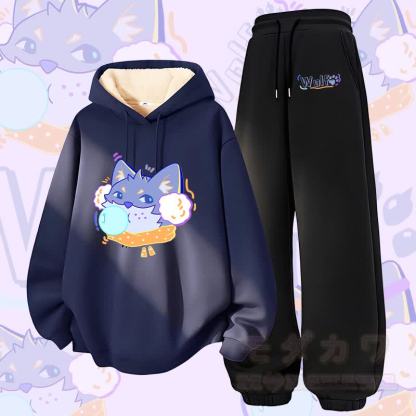 MODAKAWA Bubble Wolf Graphic Zweiteiliges Set aus dick gefüttertem Hoodie und Hose mit Fleece-Futter - Purpurblau & Schwarz - 5XL - image 3