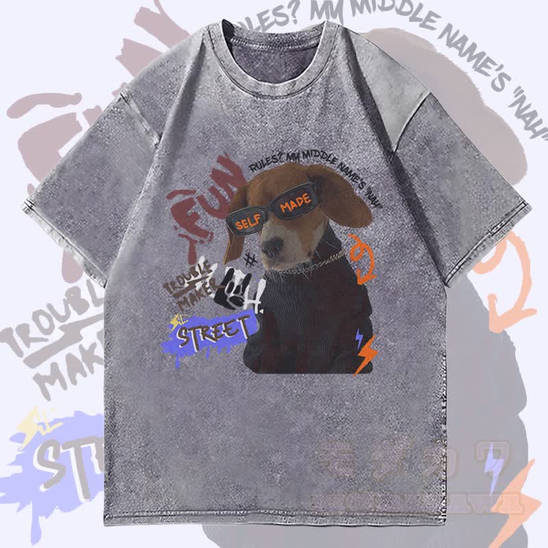 MODAKAWA Troublemaker Puppy Grafik Unisex Vintage Washed T-Shirt - Grau - 4XL - image 3