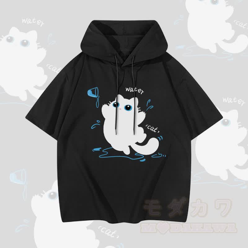 MODAKAWA Kurzarm-Hoodie mit Katzenmotiv und Wassermotiv - Schwarz - 3XL - image 4