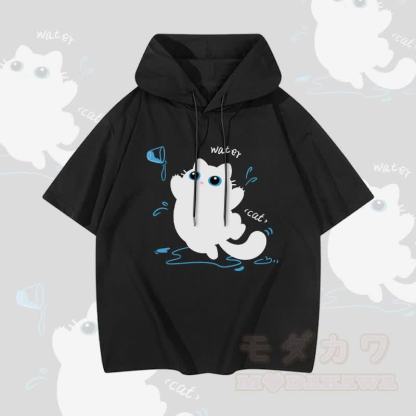 MODAKAWA Kurzarm-Hoodie mit Katzenmotiv und Wassermotiv - Schwarz - 3XL - image 4