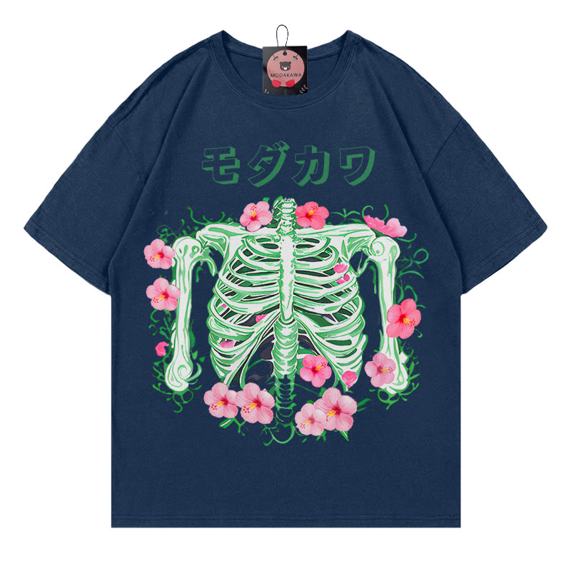 Modakawa T-Shirt mit Skelett-Blumen-Buchstabenprint - Purplish Blue - 5XL - image 3