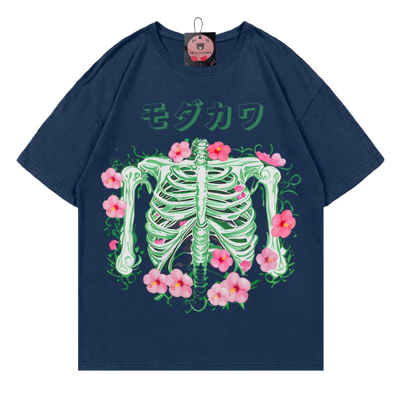 Modakawa T-Shirt mit Skelett-Blumen-Buchstabenprint - Purplish Blue - 5XL - image 3