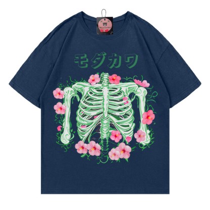 Modakawa T-Shirt mit Skelett-Blumen-Buchstabenprint - Purplish Blue - 5XL - image 3