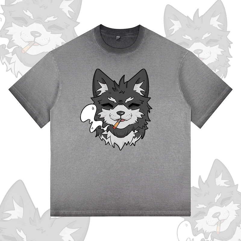 Modakawa T-Shirt mit Rauchwolf-Motiv, 100 % Baumwolle, Farbverlauf, gewaschen - Grey - 5XL - image 3