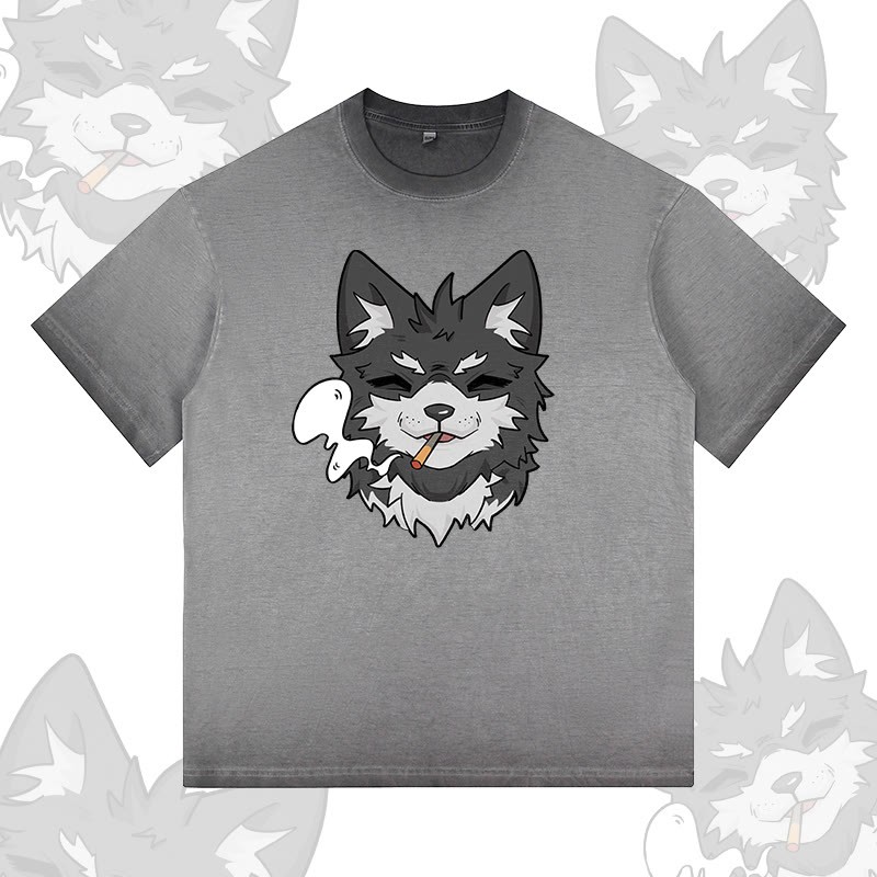 Modakawa T-Shirt mit Rauchwolf-Motiv, 100 % Baumwolle, Farbverlauf, gewaschen - Grey - 5XL - image 3