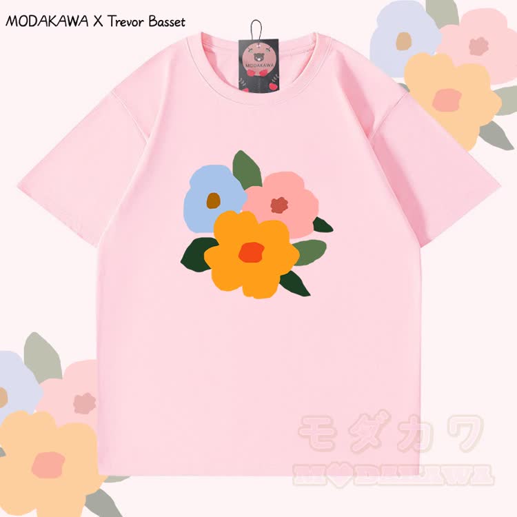 MODAKAWA X Trevor Basset Drei-Blumen-Grafik T-Shirt aus 100 % Baumwolle - Rosa - 5XL - image 4