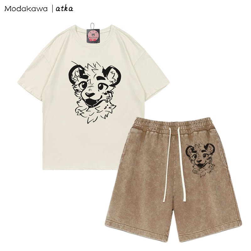 Freches T-Shirt mit Tigergesicht-Grafik und verwaschenen Vintage-Shorts, zweiteiliges Set - Beige&Brown - 3XL - image 3