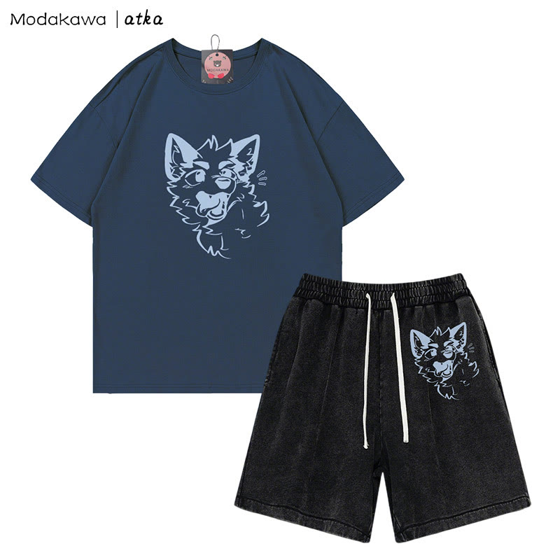 MODAKAWA X atka Verspieltes T-Shirt mit Fuchsgesicht-Grafik und verwaschenen Vintage-Shorts, zweiteiliges Set - Purplish Blue&Black - 3XL - image 9