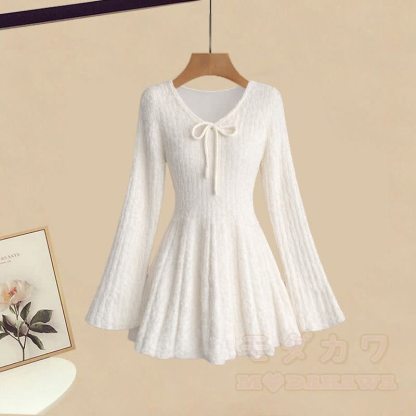 3D-Schleife, unregelmäßiger Strickpullover, weißes Kleid, passendes Outfit - Kleid (Einzeln) - XL - image 3