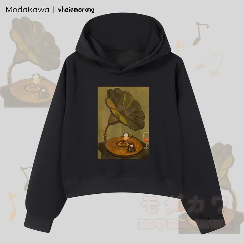 MODAKAWA X whoismorang Tier, das ein Grammophon bedient Grafik Cropped Cotton Hoodie - Schwarz - 3XL - image 4