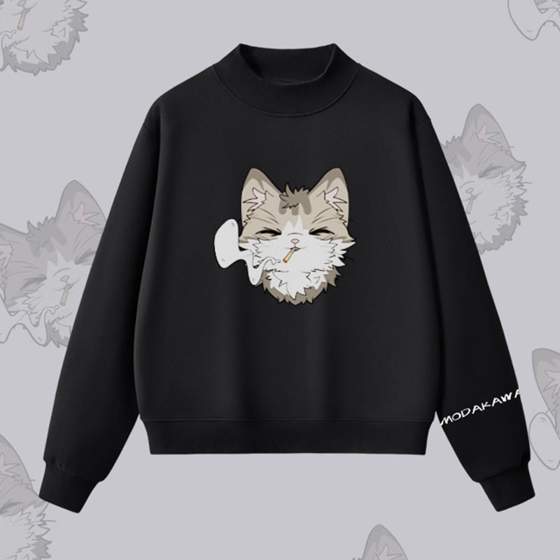 MODAKAWA Sweatshirt mit Raucherkatzen-Motiv und Fleece-Futter - Black - L - image 6