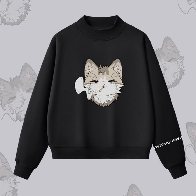 MODAKAWA Sweatshirt mit Raucherkatzen-Motiv und Fleece-Futter - Black - L - image 6