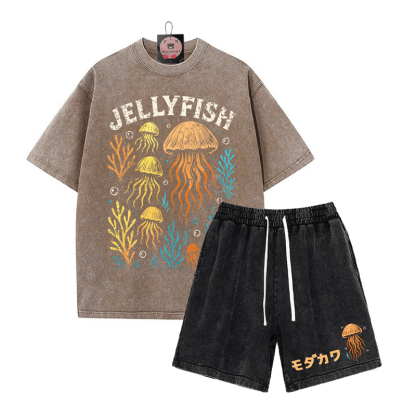 JELLYFISH T-Shirt Vintage Washed Shorts MODAKAWA Zweiteiliges Set - Brown&Black - 3XL - image 3