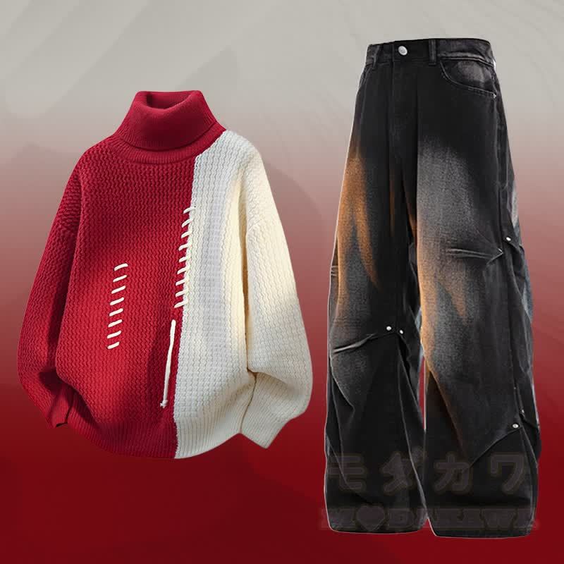 Zweiteiler mit Rollkragenpullover , Farben abgesetztem Fleecefutter und Jeans - Set E - 3XL - image 5