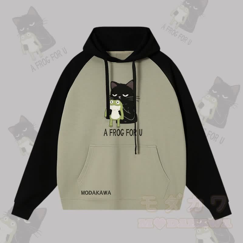 A FROG FOR U – Streetwear-Hoodie mit schwarzer Katze und Frosch-Grafik in Farben -Optik - Schwarz & Grün - 3XL - image 4