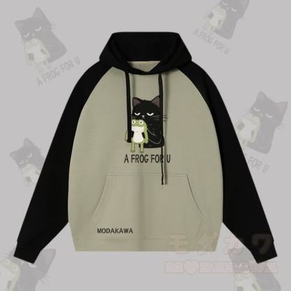 A FROG FOR U – Streetwear-Hoodie mit schwarzer Katze und Frosch-Grafik in Farben -Optik - Schwarz & Grün - 3XL - image 4