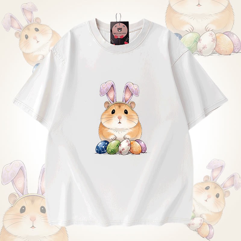 Modakawa Unisex Vintage Washed T-Shirt mit Osterei-Hamster-Motiv - White - 5XL - image 9