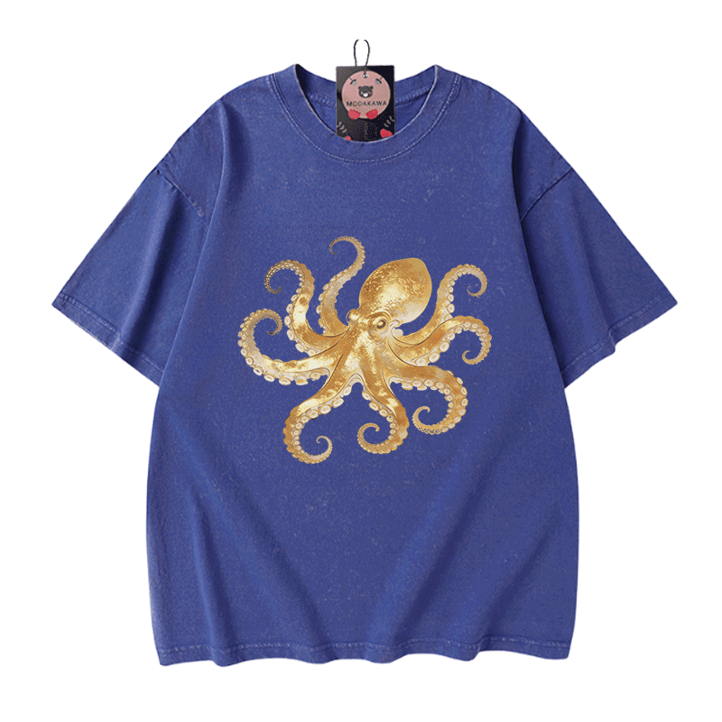 Modakawa Vintage T-Shirt mit Oktopus-Motiv, gewaschen, 100 % Baumwolle - Blue - 5XL - image 4