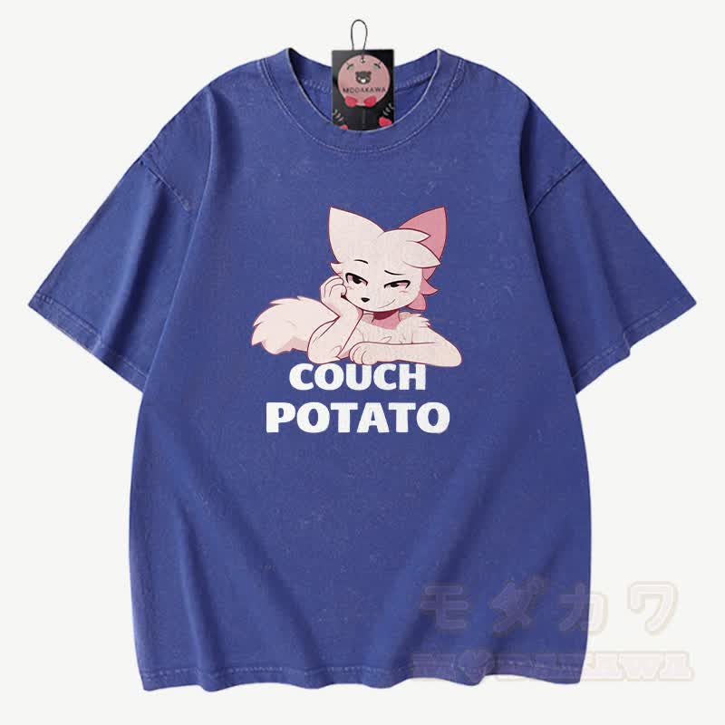 COUCH POTATO Anime Fuchs Grafik Modakawa Vintage gewaschenes T-Shirt aus 100% Baumwolle - Blau - 3XL - image 8