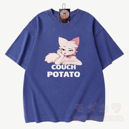 COUCH POTATO Anime Fuchs Grafik Modakawa Vintage gewaschenes T-Shirt aus 100% Baumwolle - Blau - 3XL - image 8