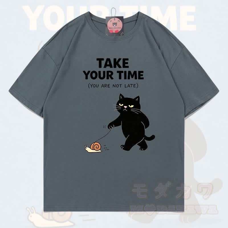 MODAKAWA TAKE YOUR TIME Katzenmotiv T-Shirt aus 100 % Baumwolle - Grau - 5XL - image 14